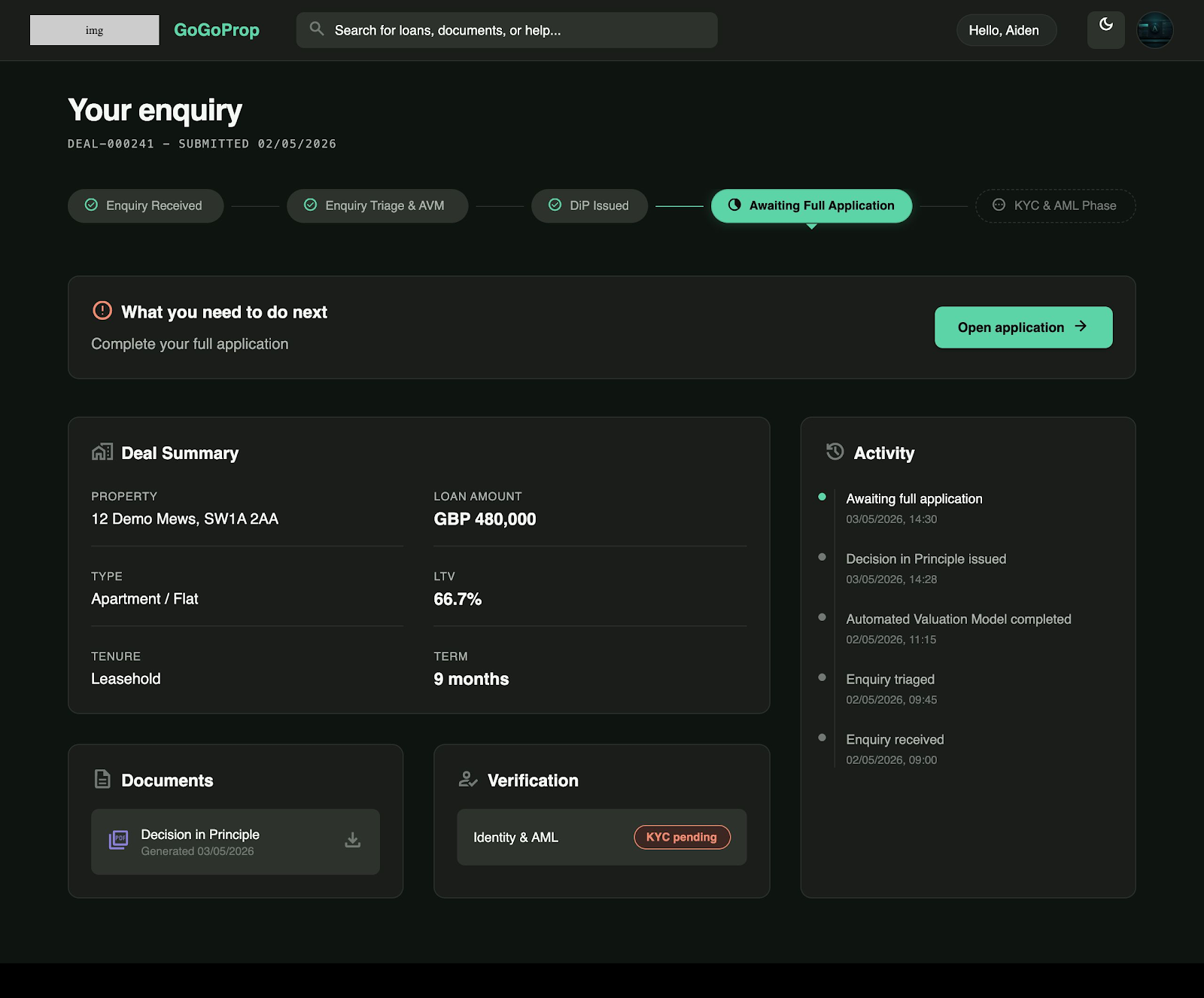 GoGoProp borrower dashboard